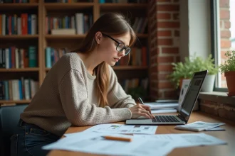 Jeune étudiante examinant des documents de prêt immobilier sur un bureau dans un appartement étudiant