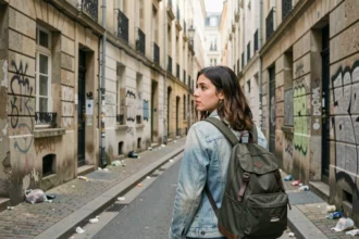 Étudiante marchant prudemment dans une rue dégradée d'un quartier difficile de Bordeaux