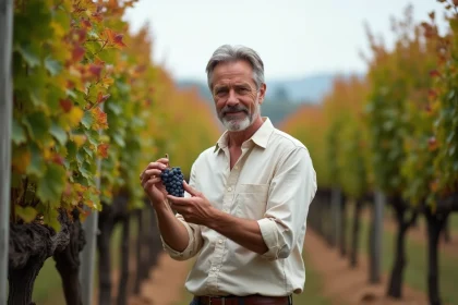 Expatrié inspectant des grappes de raisin Merlot dans un vignoble bordelais à vendre en automne