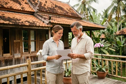 Couple d'expatriés français visitant une maison traditionnelle thaïlandaise à vendre avec jardin tropical