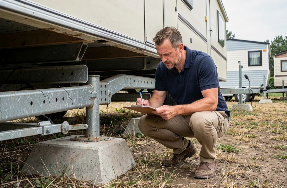 Expert immobilier inspectant le châssis d'un mobil-home lors d'une expertise de revente sur camping