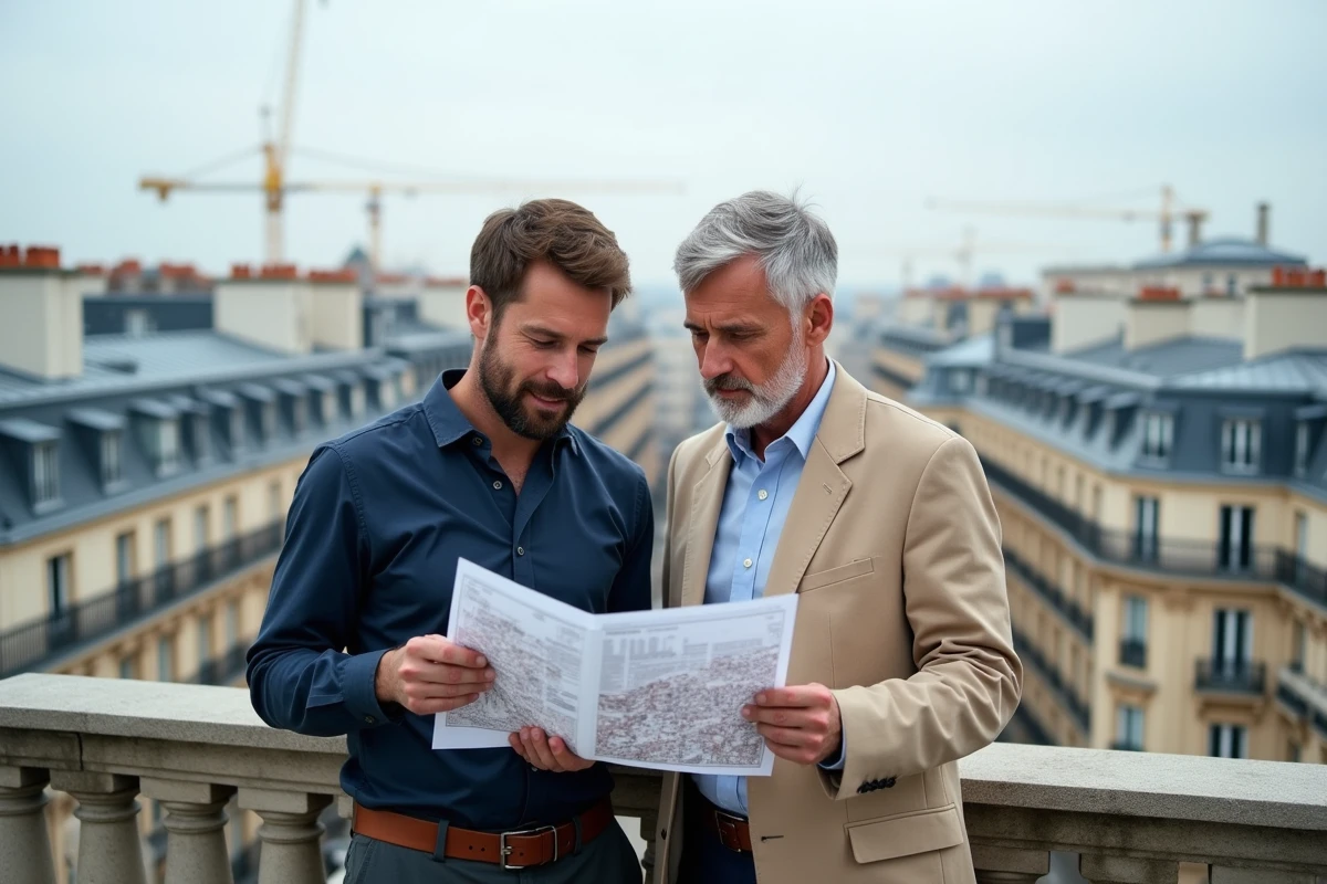Deux professionnels de l'immobilier examinant une carte de développement urbain sur une terrasse parisienne