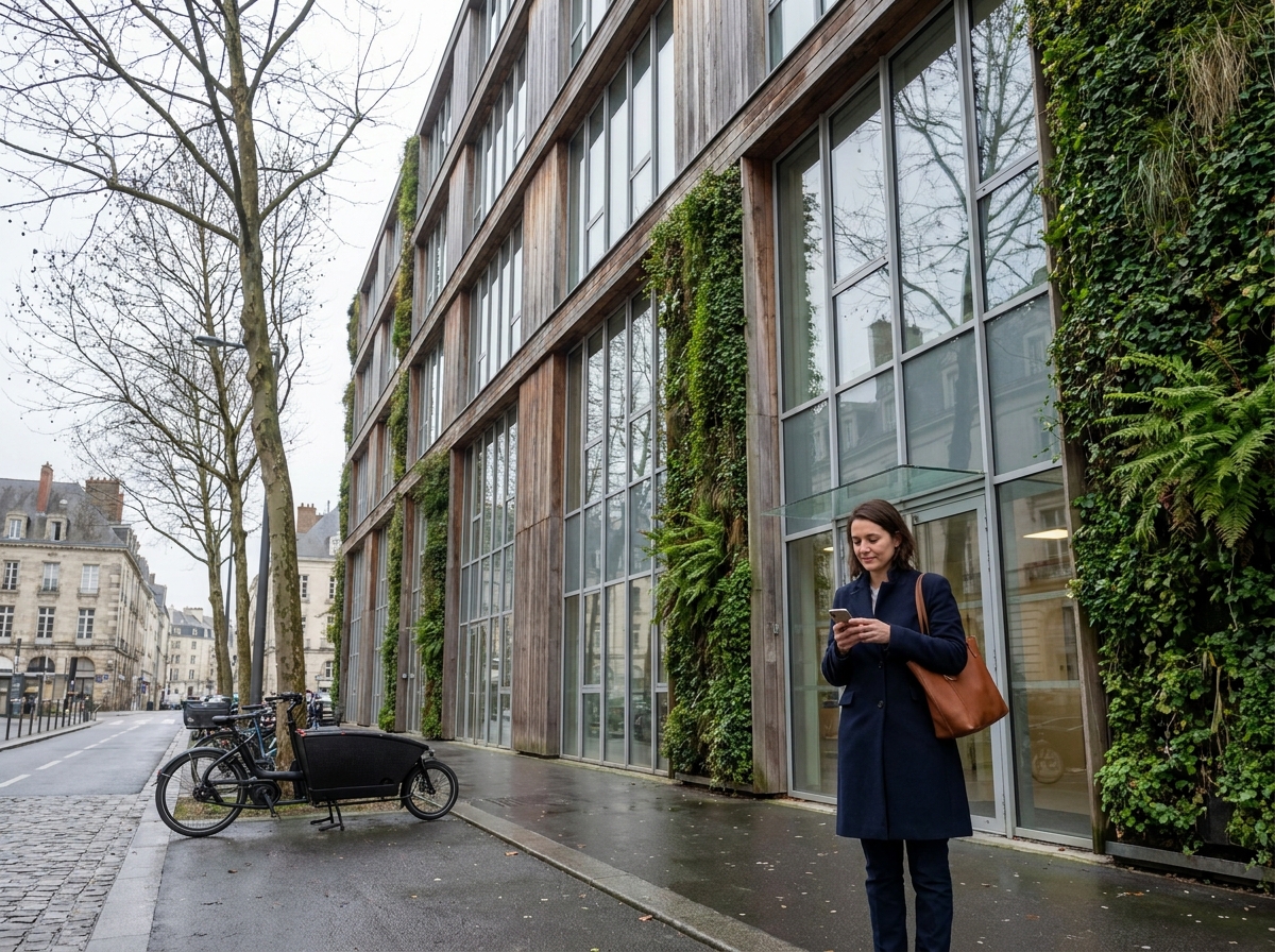 Façade d'immeuble de bureaux contemporain à Nantes avec végétalisation et mobilité douce