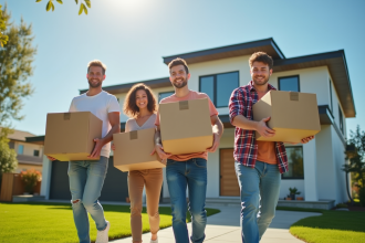 Famille heureuse sortant de la maison avec des cartons de déménagement
