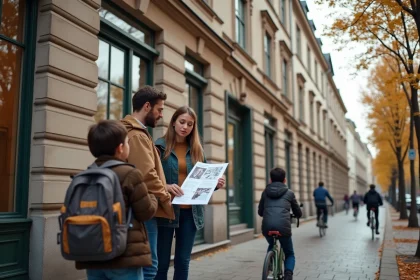 Famille en expatriation devant un immeuble Altbau berlinois, consultant une annonce de location longue durée