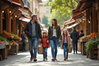 Famille dans le marché de Toulouse Carmes en plein air
