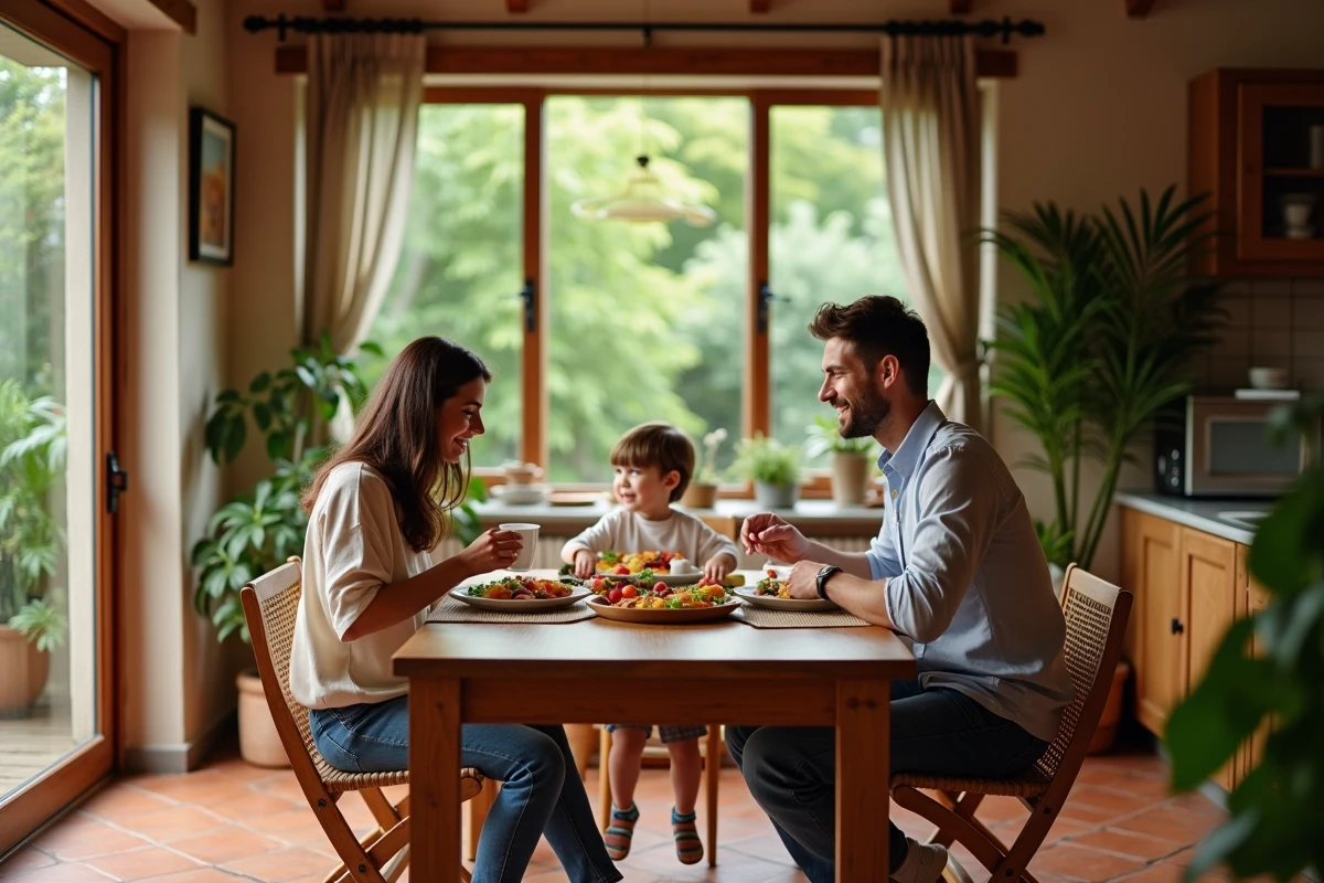 Famille prenant petit déjeuner dans une maison chaleureuse