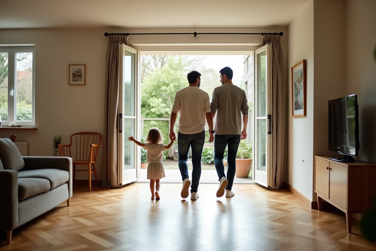 Famille visitant un appartement T3 rez-de-jardin avec accès direct au jardin privatif