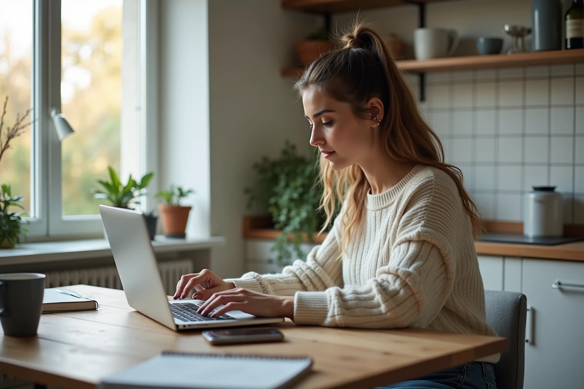 Jeune femme utilisant un ordinateur dans sa cuisine