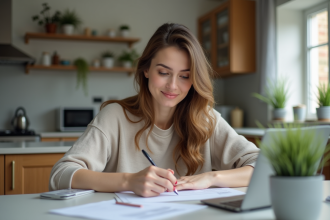 Femme calme remplissant des papiers dans une cuisine lumineuse