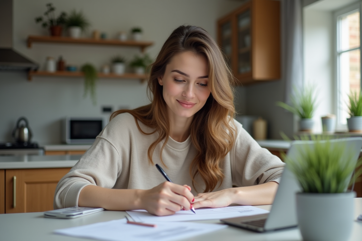 Femme calme remplissant des papiers dans une cuisine lumineuse