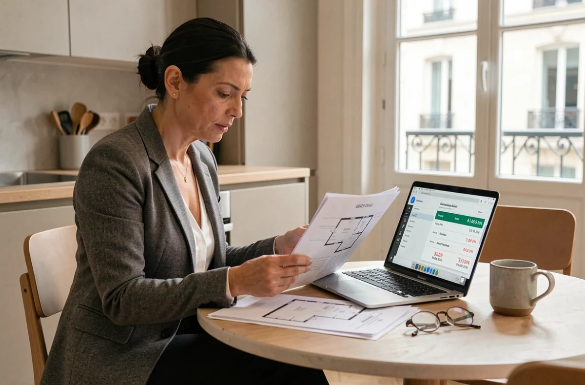Femme analysant l'impact du prix d'un garage sur la valeur d'un bien immobilier