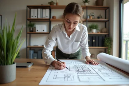Femme en bureau moderne examinant des plans architecturaux
