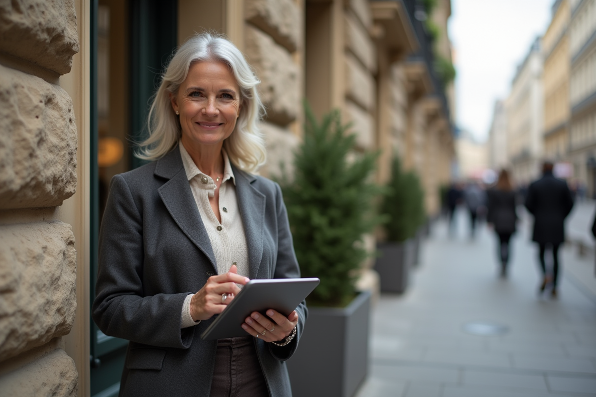 Femme souriante devant façade parisienne rénovée avec tablette