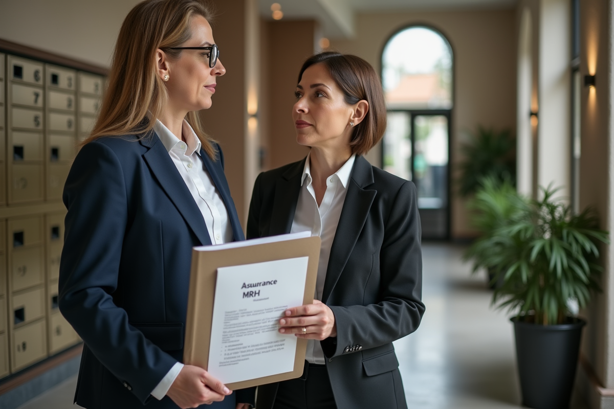 Femme en tenue professionnelle parlant avec un gestionnaire d'immeuble dans un hall d'appartement