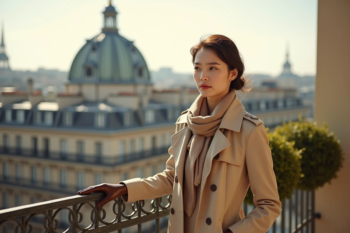 Femme sophistiquée sur balcon avec vue sur Paris