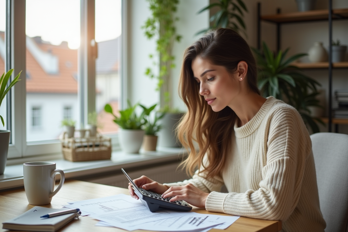 Jeune femme utilisant une calculatrice avec brochures immobilières