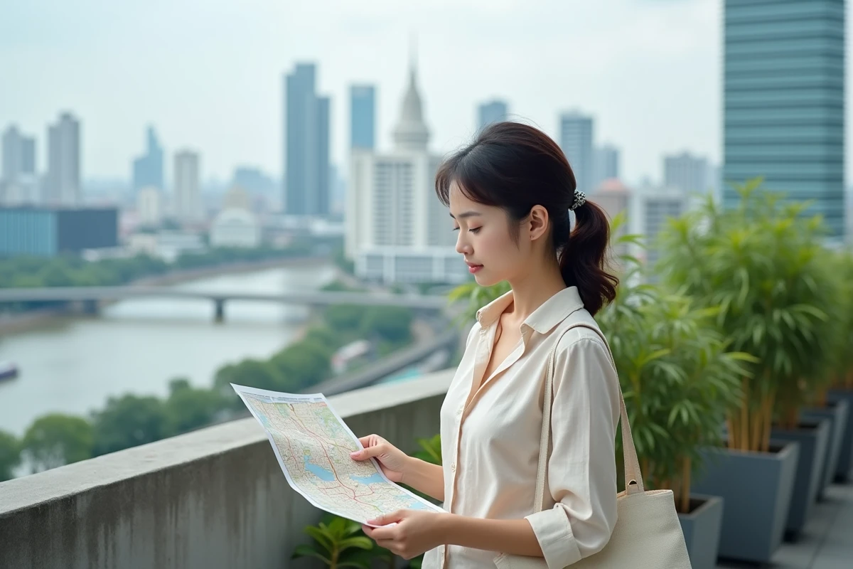 Femme tenant une carte de Bangkok sur la terrasse d'un condo avec vue sur la rivière Chao Phraya et le quartier Silom