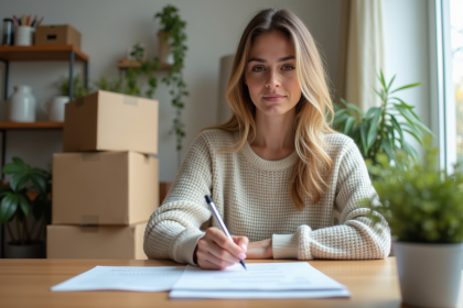 Femme remplissant un formulaire de changement d'adresse à la maison
