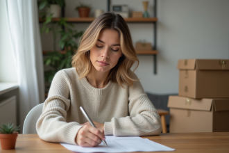 Femme remplissant un formulaire de changement d'adresse à la maison