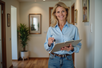 Femme d'âge moyen tenant des clés et un clipboard dans un couloir chaleureux