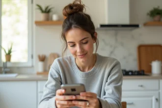 Femme consultant ses documents immobiliers sur smartphone via l'application MyFoncia dans sa cuisine moderne