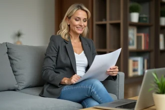 Femme confiante en blazer et jeans examine un contrat d'assurance dans un appartement moderne