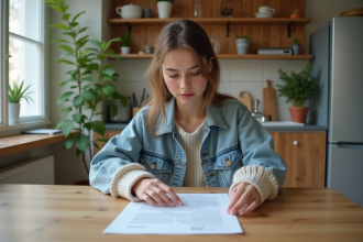 Jeune femme examinant un contrat d'assurance logement à la maison