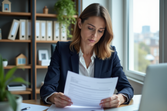Femme professionnelle lisant un contrat immobilier dans un bureau