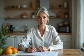 Femme d'âge moyen tenant un contrat de location dans une cuisine moderne