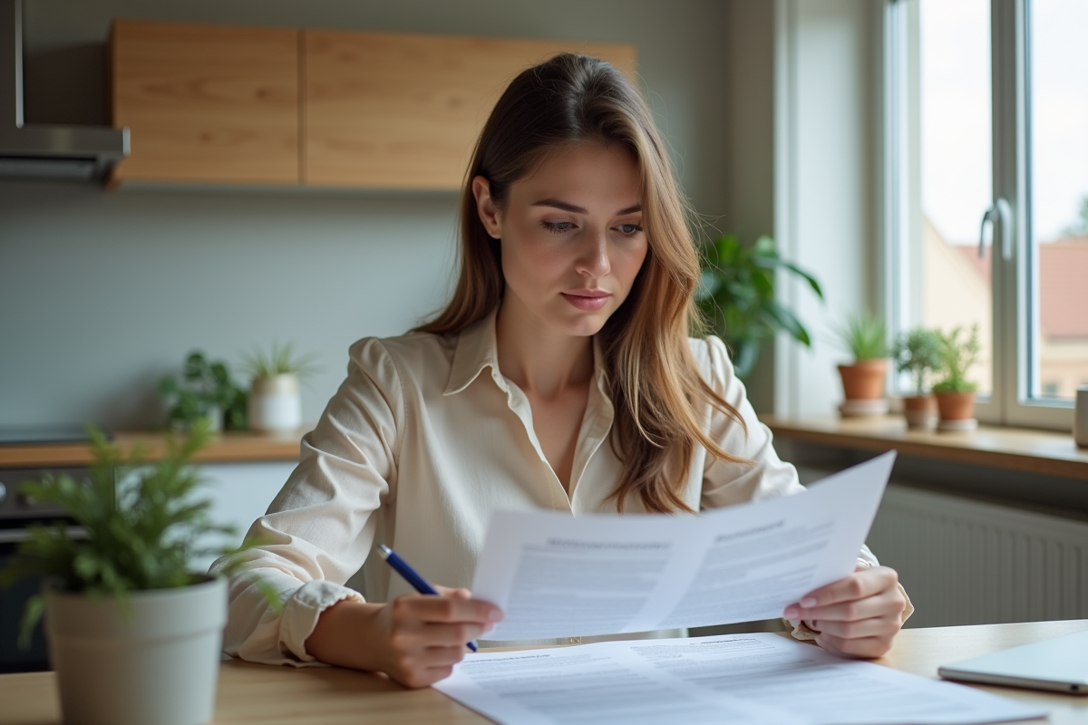 Femme examinant un contrat de location dans un appartement moderne