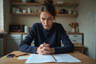 Femme inquiète examine un contrat de location à la maison