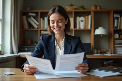 Femme examinant un contrat de travail et un préavis de location à son bureau à domicile