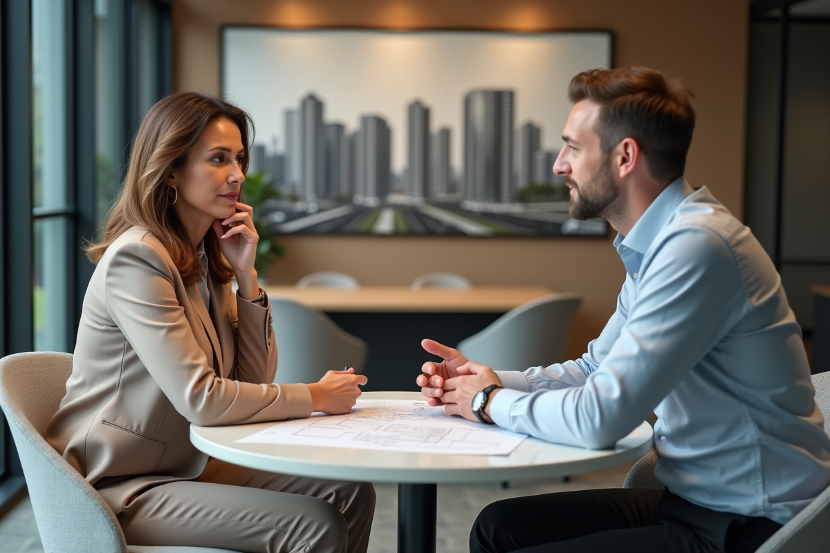 Femme en blouse beige discute avec conseiller immobilier