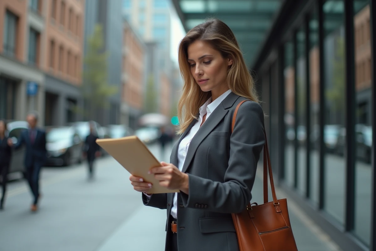 Femme professionnelle consultant des documents administratifs devant un immeuble de bureaux urbain