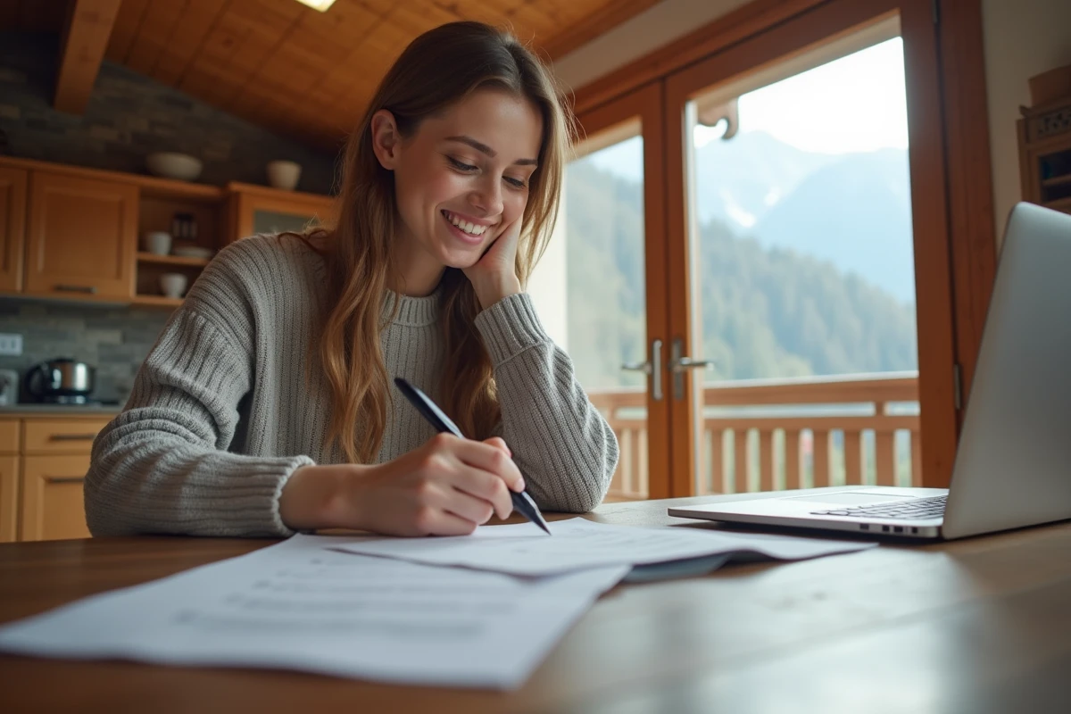Jeune femme examine des documents immobiliers dans un appartement