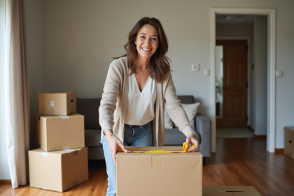 Femme souriante en jeans et pull tape une box de demenagement