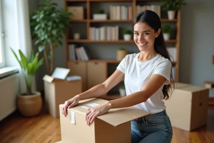 Jeune femme emballant une boîte dans un salon organisé