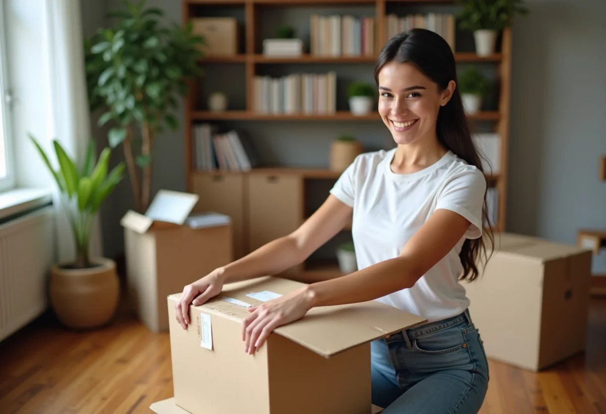 Jeune femme emballant une boîte dans un salon organisé