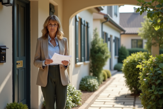 Femme d'âge moyen devant une maison française élégante