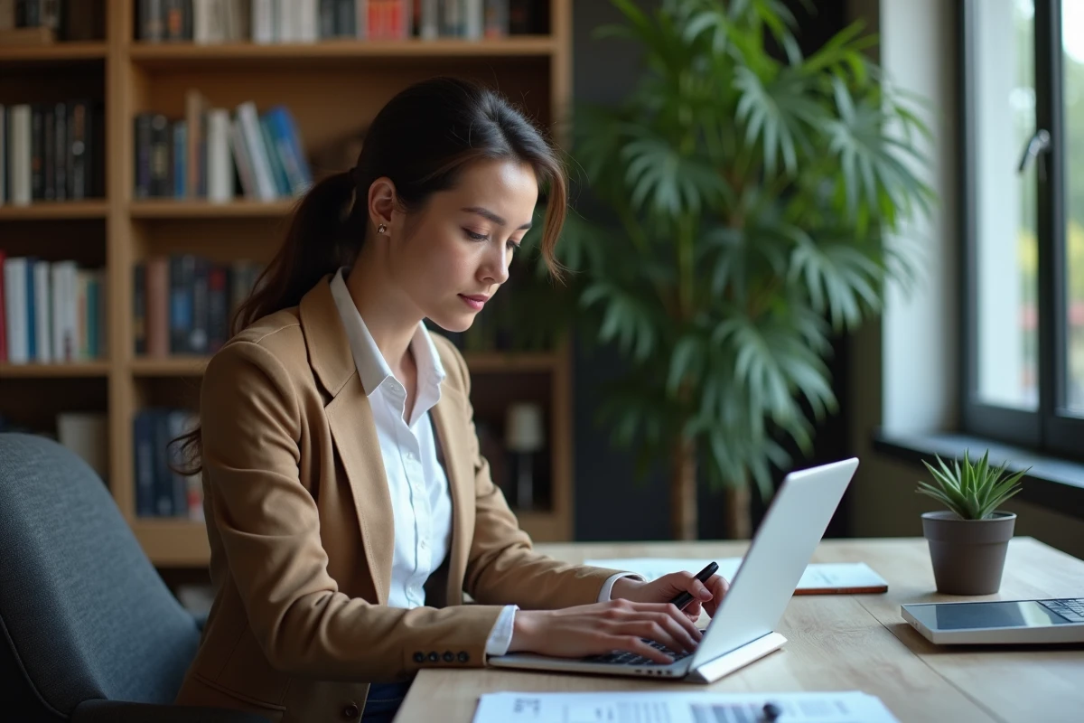 Femme en tenue professionnelle étudiant un simulateur financier sur tablette