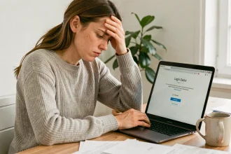 Femme frustrée devant un écran d'ordinateur affichant une erreur de connexion Inli, assise à un bureau en bois à domicile
