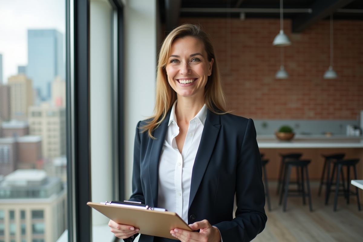 Femme souriante tenant un clipboard dans un appartement