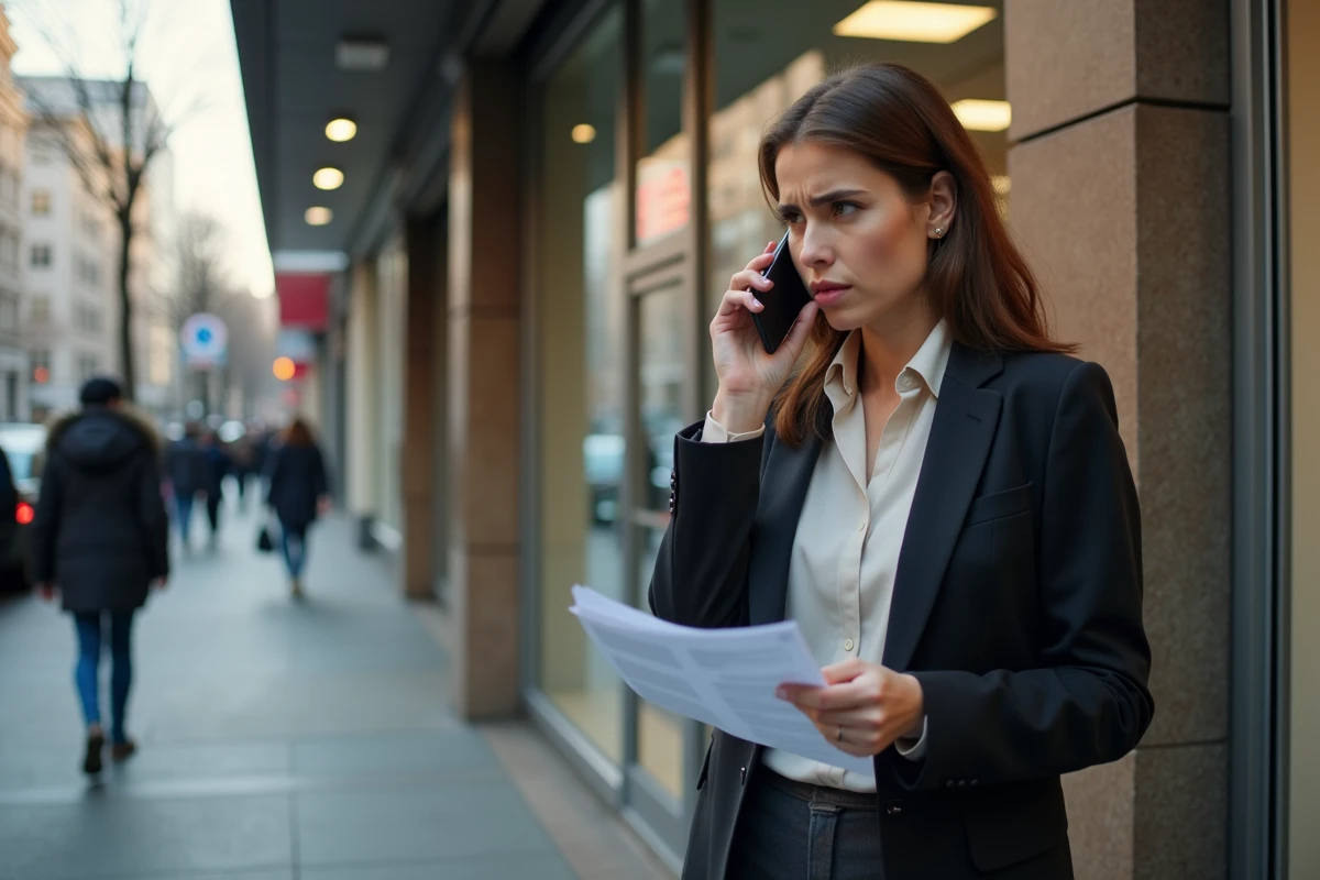 Jeune femme préoccupée devant une vitrine commerciale