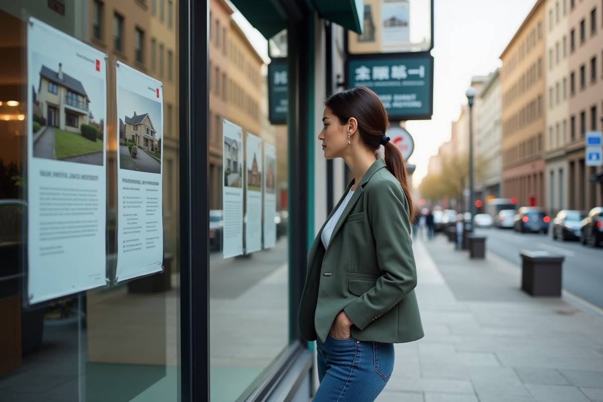 Jeune femme regardant des annonces immobilières en ville