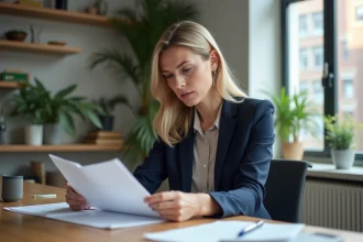 Femme en blazer bleu lisant un bail dans un appartement moderne