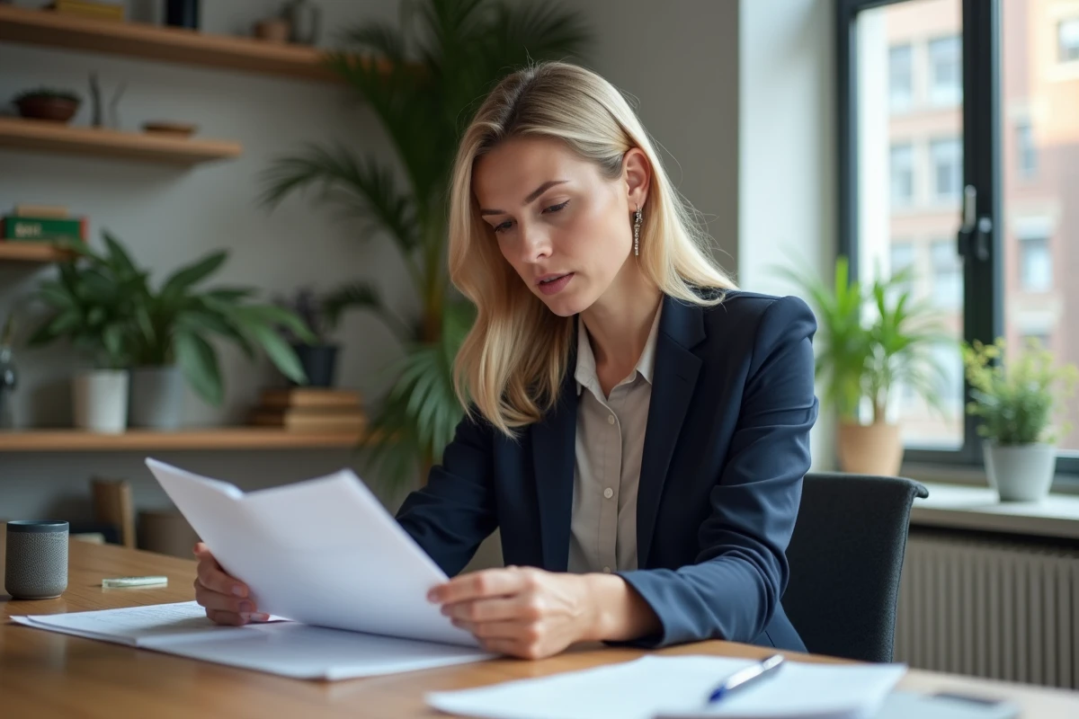 Femme en blazer bleu lisant un bail dans un appartement moderne