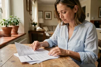 Femme lisant attentivement un contrat d'assurance multirisque habitation à sa table de cuisine