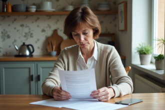 Femme lisant un contrat de location dans une cuisine lumineuse