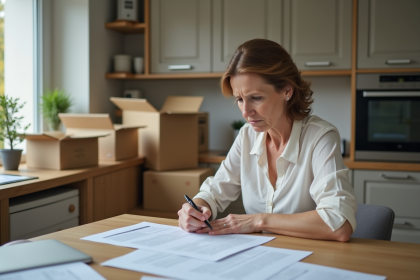 Femme concentrée à la cuisine avec documents et cartons